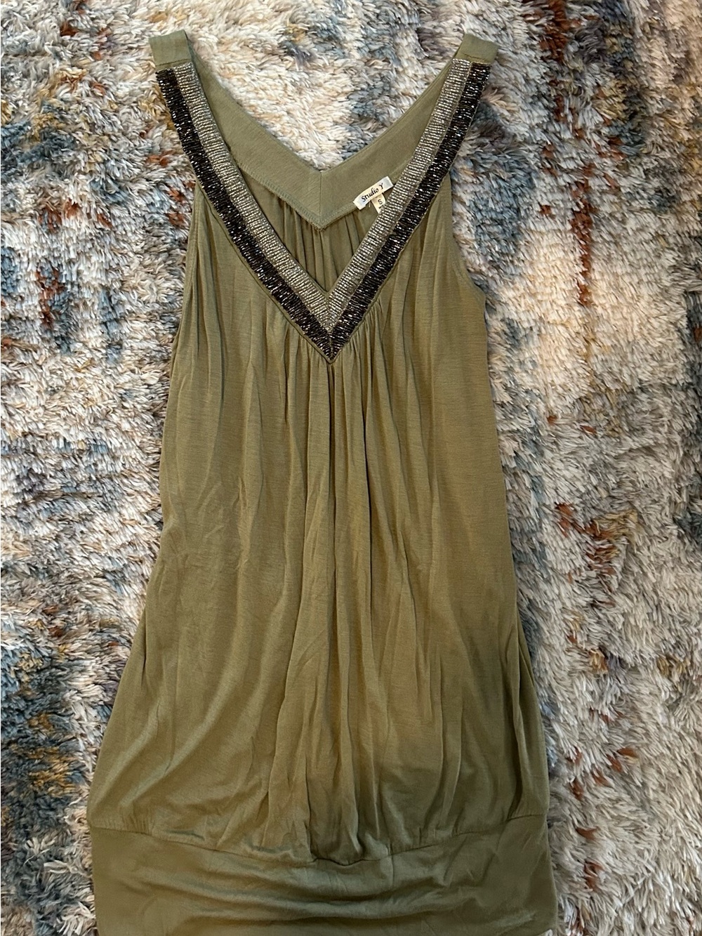Y2K Embellished Olive Green V-Neck Women's mini dress